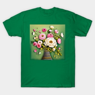 Pink and White Flowers in a Striped Vase Still Life Painting T-Shirt